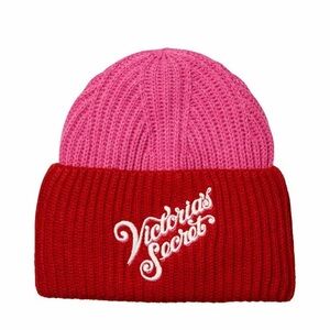 VICTORIAS SECRET KNIT WINTER COLORBLOCK SHINE LOGO BEANIE HAT